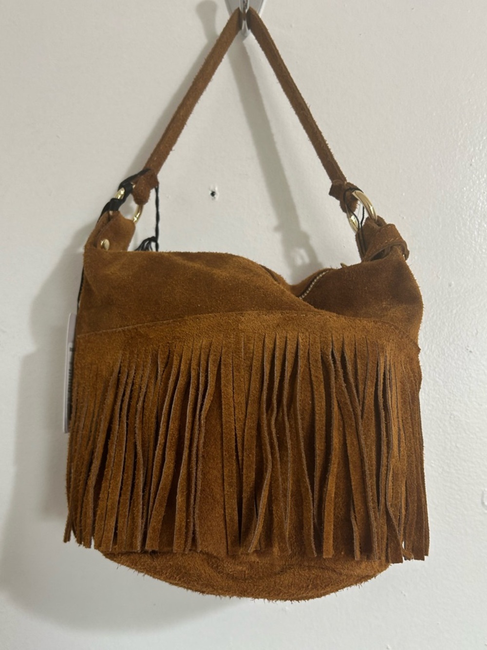 NWT Marlon Made in Italy Suede Hobo Bucket Bag Crossbody with Fringe Trim